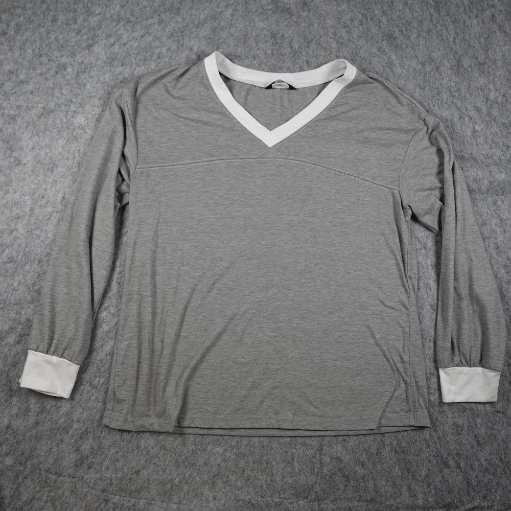 Dokotoo Top Women Medium Gray White Contrast V Neck Long Sleeve Pullover Jersey